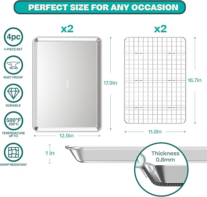 Baker's Secret 4pcs Set, 2x Baking Trays for Oven, 100% Recycled Aluminum, Non Toxic, Bakeware Set Cookie Sheet 13.6" with 2x Stainless Steel Rack Never Rust - The Natural Aluminum Collection