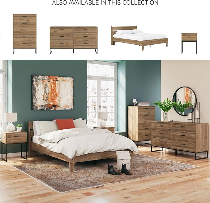 Signature Design by Ashley Deanlow Mid-Century Modern 5 Drawer Wide Chest with Safety Stop for Bedroom, Light Brown & Black