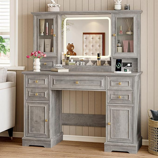 Vanity Desk with Lights, Large LED Mirror with 3 Color Modes, Makeup Vanity with Power Outlet & USB Ports, 6 Drawers & 2 RGB Glass Cabinets, Farmhouse Dressing Table for Women & Girls (Wood)