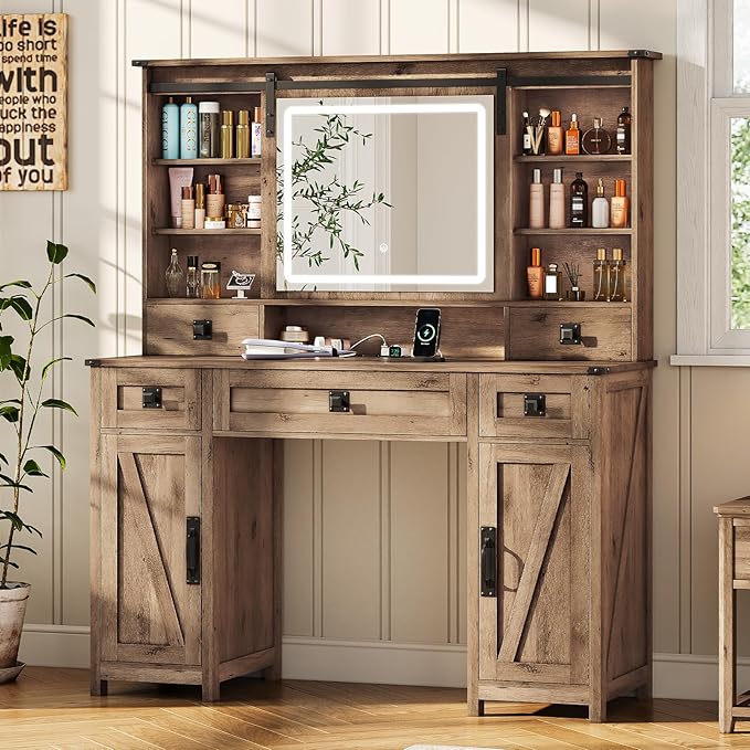 Makeup Vanity Desk with Lights, 47.2" Farmhouse Vanity Table with Sliding Mirror & Charging Station, Large Makeup Desk with 5 Drawers & 2 Cabinets, Rustic Oak