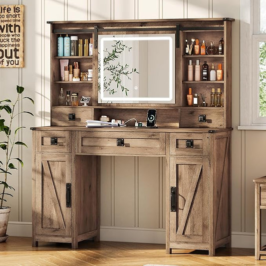 Makeup Vanity Desk with Lights, 47.2" Farmhouse Vanity Table with Sliding Mirror & Charging Station, Large Makeup Desk with 5 Drawers & 2 Cabinets, Rustic Oak