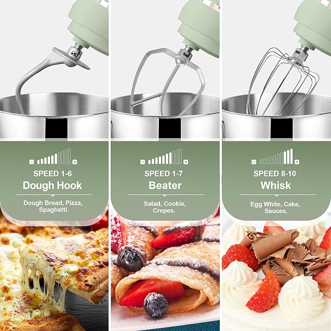 Kitchen in the box 7QT 900W 10-Speed Stand Mixer, Tilt-Head Kitchen Electric Mixer with Dough Hook, Whisk & Flat Beater(Pastel Green)