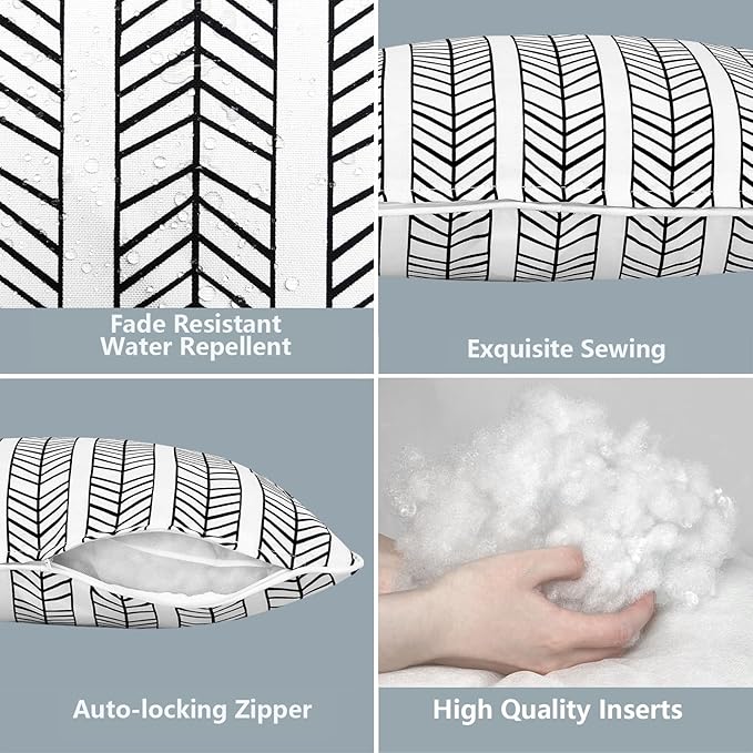 LVTXIII Set of 2 Outdoor Lumbar Pillows for Patio Furniture with White Piping, 12"x20" Fade Resistant Patio Lumbar Pillows with Inserts for Home Coach Sofa Use, Herringbone Black White