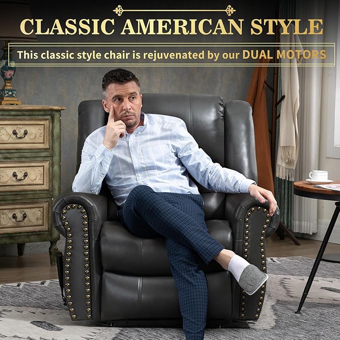 Dual Motor Power Lift Chair, Lay Flat Recliner Chair, Electric Recliner with Massage and Heat for Elderly, Remote Control, Infinite Position, Standing Assistance, USB Ports,Faux Leather, Grey