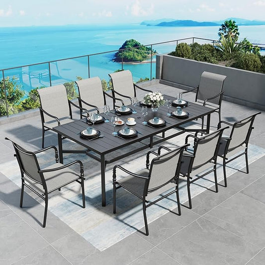 Patio Table and Chairs Set of 8, All-Weather Breathable Textilene Patio Chair with Gourd-Shaped Armrests, 83x39 Rectangle Table with Umbrella Hole, 9 Pcs Metal Frame Patio Dining Set