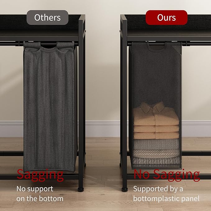 Laundry Hamper with Shelf, Laundry Basket 4 Section, Laundry Sorter with Pull-Out Removable Large Bags and Movable Wheels, Metal Frame, 4 x 15.87 Gallons (60L), Black and Gray PF07XLB