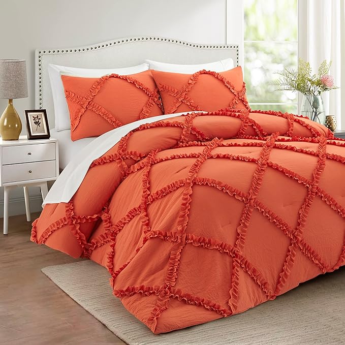Bonlino Queen Comforter Set Soft Bedding - 3 Pcs Tufted Decor Fluffy Comforter Boho Bed in a Bag with Cute Lightweight Pillowcase for Dorm Farmhouse Bedroom Luxury Gift(Orange)