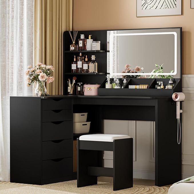 JUMMICO Makeup Vanity Desk with Mirror and Lights, L- Shaped Vanity, Modern Vanity Table with 5 Drawers & Adjustable Shelves, Power Outlet with Fast Charging, for Bedroom (Black)