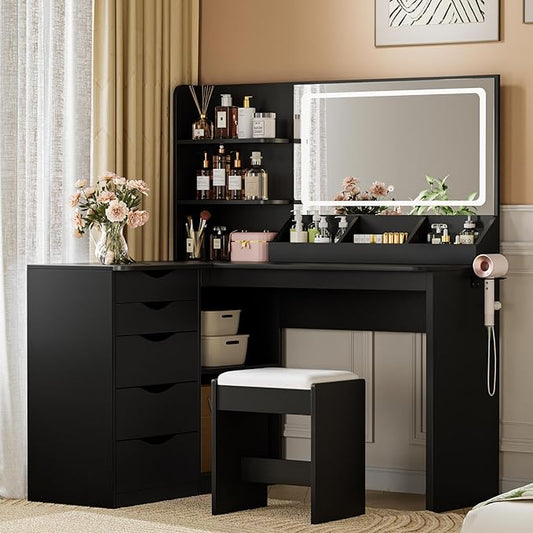 JUMMICO Makeup Vanity Desk with Mirror and Lights, L- Shaped Vanity, Modern Vanity Table with 5 Drawers & Adjustable Shelves, Power Outlet with Fast Charging, for Bedroom (Black)