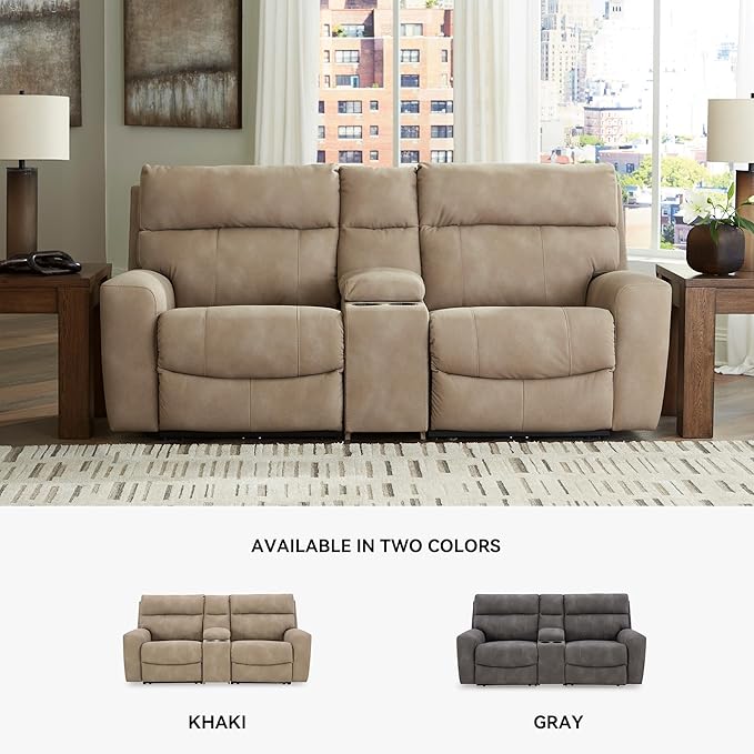 Signature Design by Ashley Next-Gen DuraPella Contemporary Faux Leather Modular Wall Hugger 3-Piece Power Reclining Sectional Loveseat with Console, Adjustable Headrest and USB Ports, Light Brown