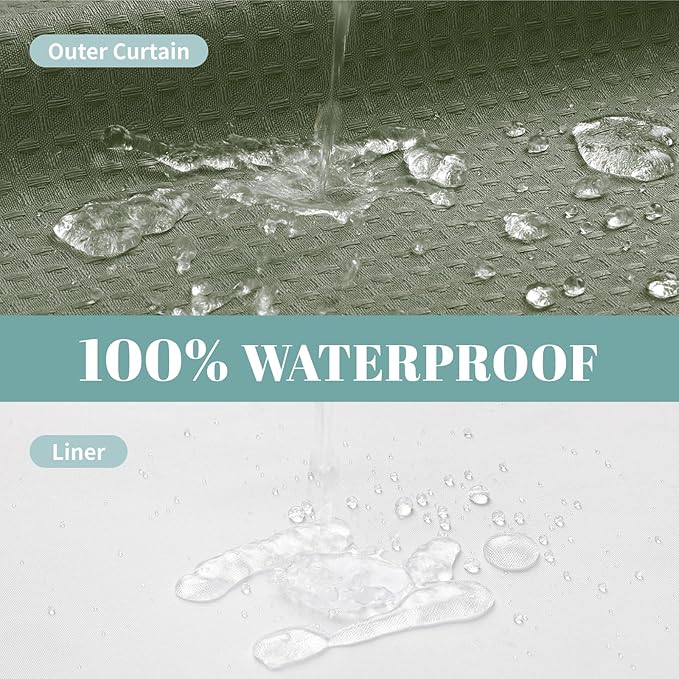 SageGreen Long No Hook Waffle Weave Shower Curtain with snap-in Liner Replacement, 230GSM Waterproof Fabric Hotel Shower Curtain Set for Bathroom, Through Mesh Top Window,71Wx80H