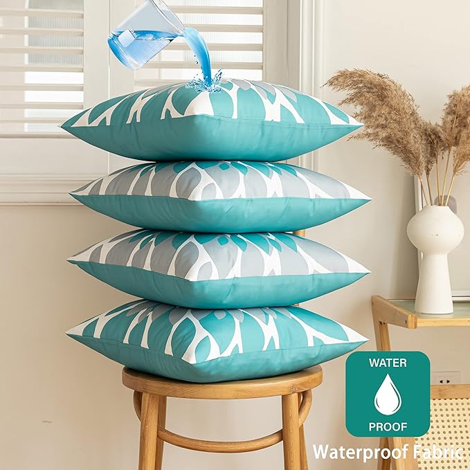 Qahing Pack of 4 Outdoor Waterproof Pillow Covers 24x24 Decorative Outdoor Throw Pillows Garden Square Cushion Cases for Patio Furniture, Couch, Tent Sunbrella, Bench, Teal Turquoise Grey