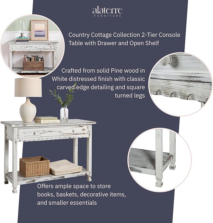 Alaterre Furniture Rustic Country Cottage Console Table with 1 Drawer & 1 Shelf, Distressed Finish - Perfect for Living Room, Entryway, Hallway