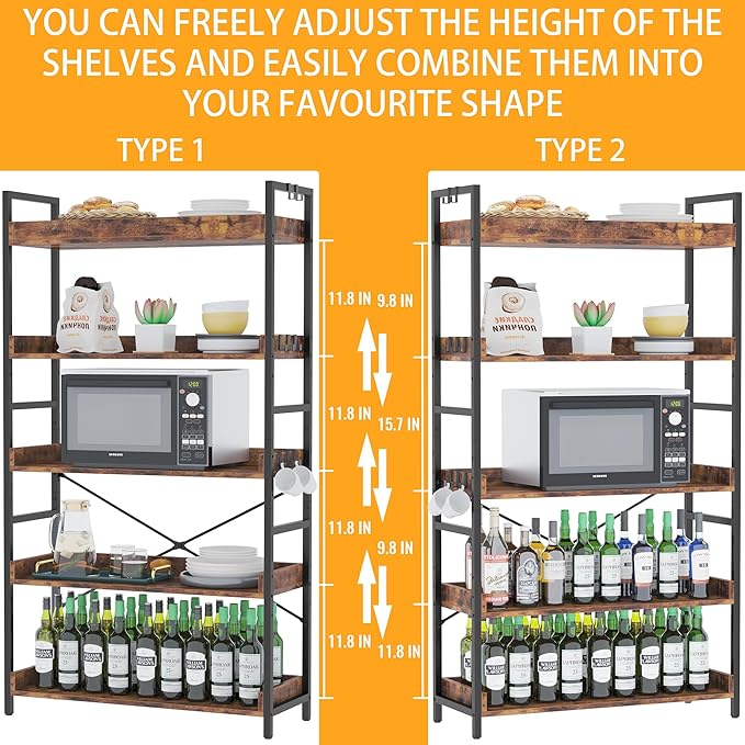 HCHQHS 5 Tier Bookshelf, Adjustable Industrial Bookcase, Vertical Tall Book Shelf, Wood and Black Metal Open Bookshelves for Home Office, Living Room, Bedroom