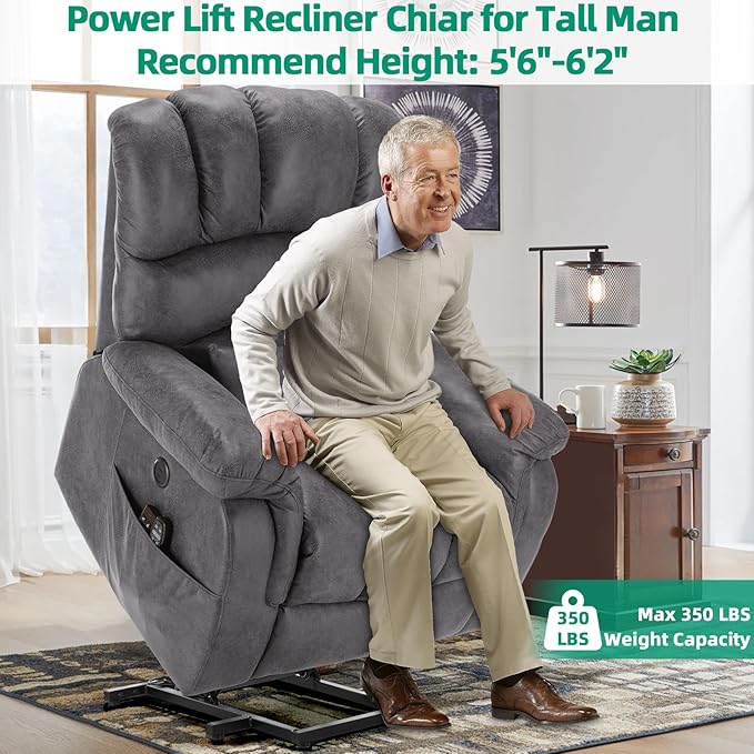 VIVIJASON Tall Man Large Dual Motor Power Lift Recliner Chair with Extended Footrest, Overstuffed Lay Flat Sleeper Electric Recliner W/Heat & Massage, Lumbar Pillow, USB & Type-C Ports, Gray