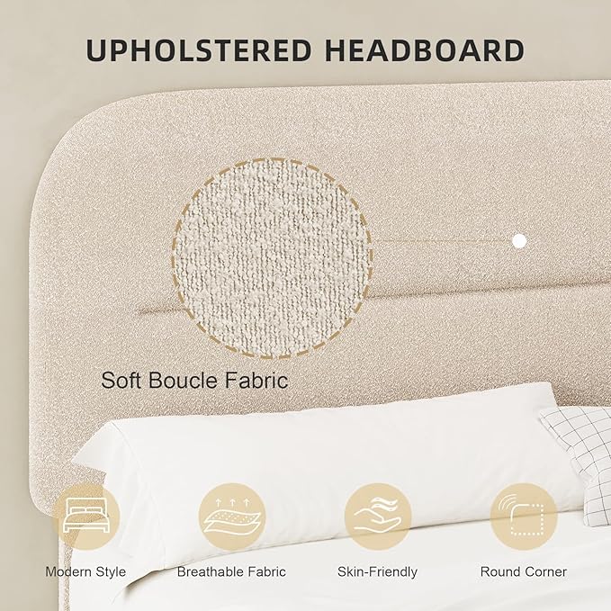 Full Size Boucle Bed Frame, Upholstered Cloud Bed with Headboard, Soft Bed Frames, Modern Style/Thickened Footboard/Rounded Corners Design/No Box Spring Required/Easy Assembly, Beige