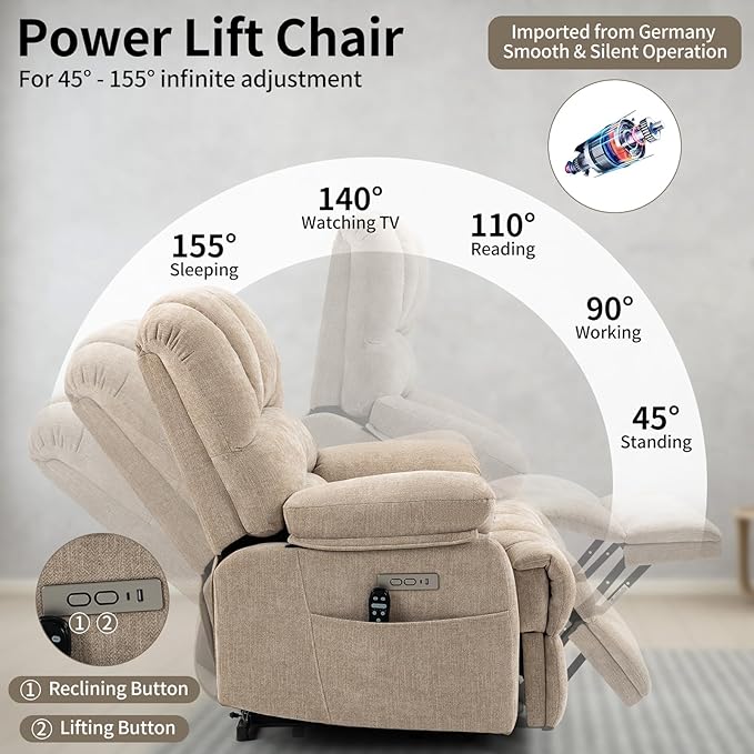 Large Recliner with Massage & Heat, Power Lift Chairs for Elderly, Beige Plush Recliner, 23" Seat Width, Extra Wide Reclinning for Seniors W/USB and Type-C Ports