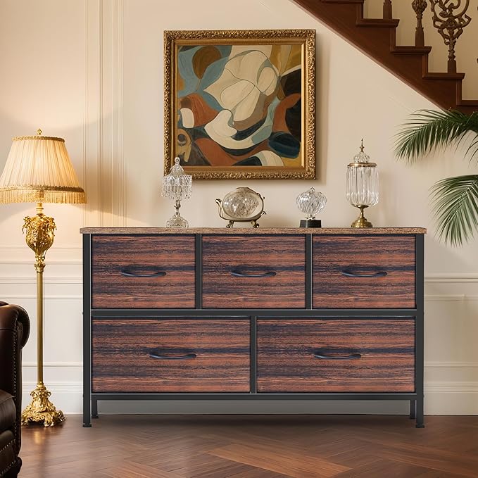 Dresser for Bedroom with 5 Drawers, Chest of Drawers, Storage Drawers Organizer Unit, Black Wide Fabric Dresser with Fabric Bins for Closet, Living Room, Bedroom (Brown and Rustic Brown)