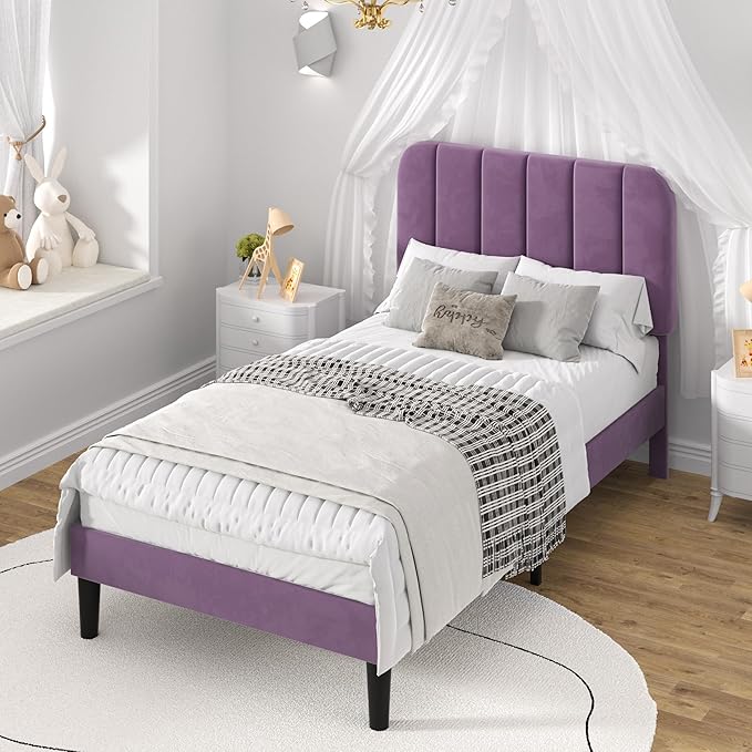 VECELO Twin Size Bed Frame with Upholstered Headboard, Velvet Platform Bedframe Mattress Foundation, Strong Wood Slat Support, No Box Spring Needed,Purple