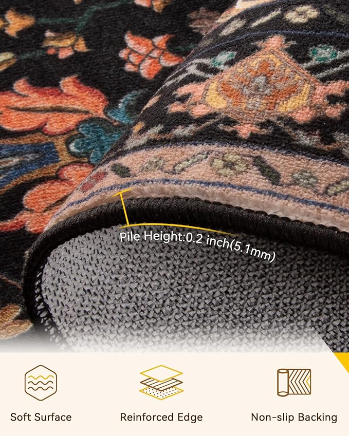 Area Rugs 2'x10' Washable Non-Slip, Floral Vintage Distress Print Pattern Medallion Carpet for Living Room Bedroom Dining Room, Black Colorful Floral Dark Tan