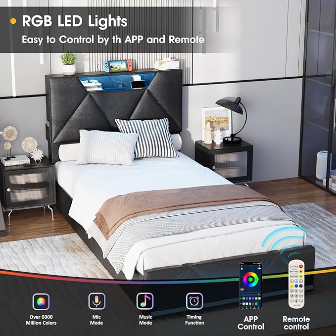 Vabches Twin Bed Frame with Storage Headboard and 4 Drawers,Upholstered Platform with Charging Station and Led Lights,Adjustable Headboard with Pu Leather,No Box Spring Needed,Black