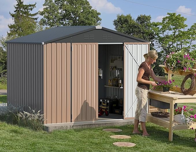 AECOJOY 8' x 6' Metal Storage Shed for Outdoor, Steel Backyard 6x8 Sheds & Outdoor Storage with Lockable Doors, Utility and Tool Storage for Garden, Backyard, Patio, Outside use