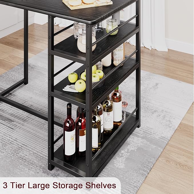 CABIHOME Dining Table Set for 2, Kitchen Table and Upholstered Chairs for 2, 3 Piece Counter Height Bar Table Set with 3 Large Storage Shelves for Small Space, Apartment, Studio, Rustic Black