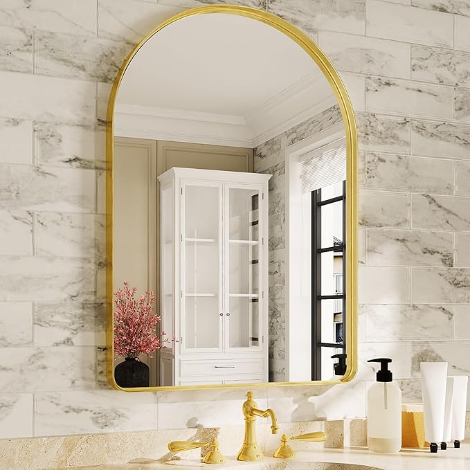 Suidia 22" x 30" Bathroom Mirror, Bathroom Vanity Mirror Metal Framed, Wall-Mounted Mirrors for Bedroom, Living Room, Entryway, Hallway, Gold, Arch Style