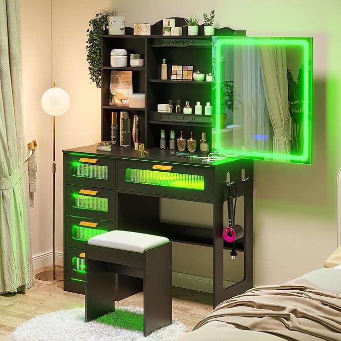 HNEBC Vanity Desk with Sliding Mirror and LED Lights, RGB Vanitys with Charging Station, Makeup Vanitys with Remote Control, White Dresser with Stool/Lager Drawers for Bedroom (Black)