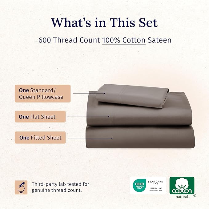 California Design Den Twin Bed Sheets 100% Cotton, 600 Thread Count Sateen, Soft, Cooling Brown Twin Sheet Set, Hotel-Quality Bedding with Deep Pockets (Mushroom Brown)