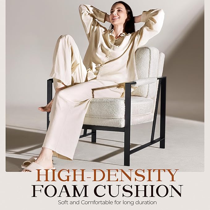 Yaheetech Teddy Boucle Fabric Armchair, Retro Leisure Accent Chair with Extra Soft Padded and Cushion, Modern Reading Arm Chair with Black Metal Frame for Living Room/Office/Bedroom/Study, Ivory
