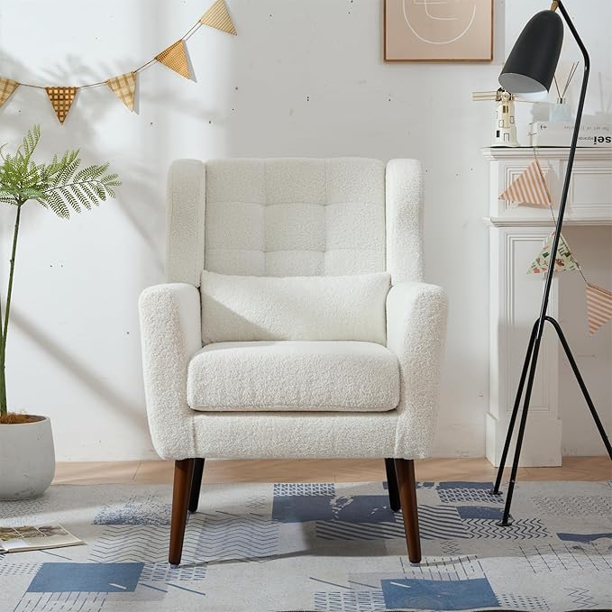 Accent Chair, Comfy Upholstered Living Room Chairs with High Tufted Backrest and Pillow, Wingback Reading Chair with Solid Wood Legs for Bedroom/Office,Teddy Fabric, White