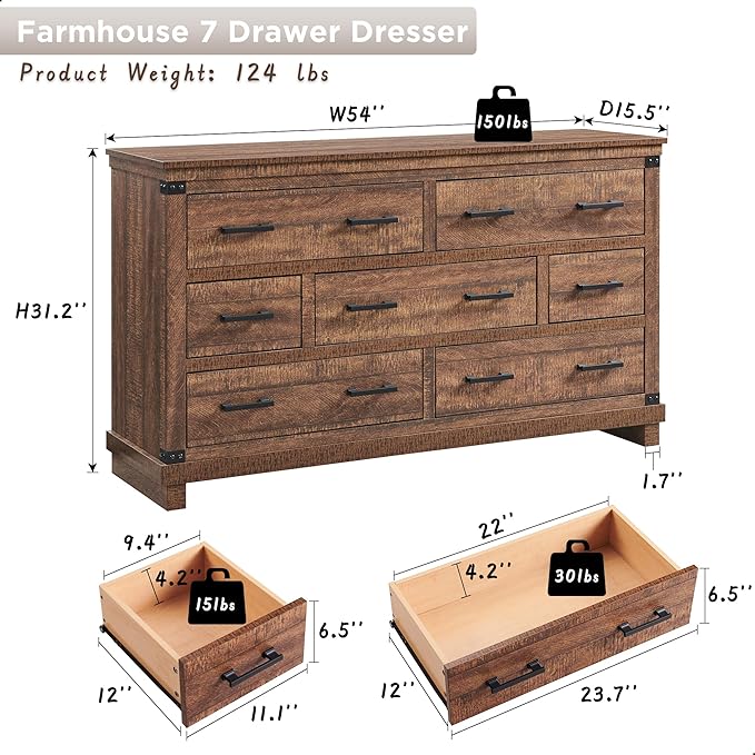 T4TREAM Farmhouse 7 Drawers Dresser for Bedroom, 54" Wide Wood Chest of Drawers w/Natural Texture & Metal Handle, Rustic Storage Dressers Organizer for Living Room, Hallway, Reclaimed Barnwood