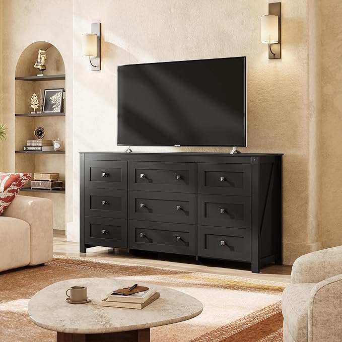 WLIVE Farmhouse Dresser for Bedroom, 63" Wide 9 Drawer Dresser Storage Organizer, Wood Chest of Drawers for Bedroom, TV Stand for 70 inch TV, for Living Room, Hallway, Ball Bearing Slide (Black)