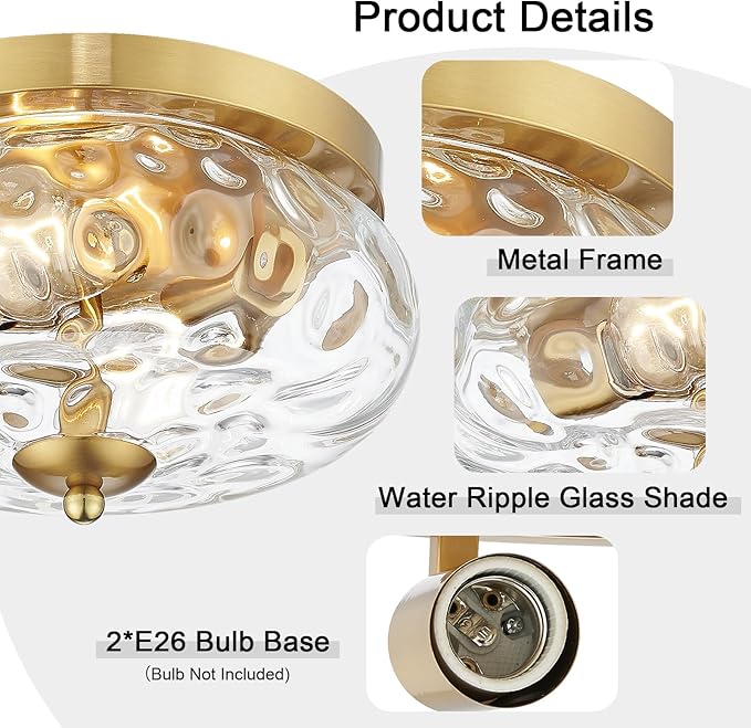 Darkaway Ceiling Light Fixtures Flush Mount Indoor Outdoor Ceiling Light with Water Ripple Glass Shade for Hallway Kitchen Bedroom Porch Living Room Gold Finish