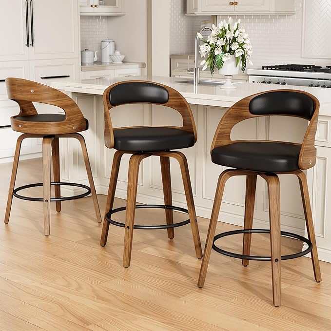 Swivel Bar Stools Set of 8, 26" Counter Height Bentwood Barstool, Mid-Century Modern PU Leather Upholstered Bar Chair with Back and Footrest, for Kitchen Island, Bar, Cafe, Dining Room, Black
