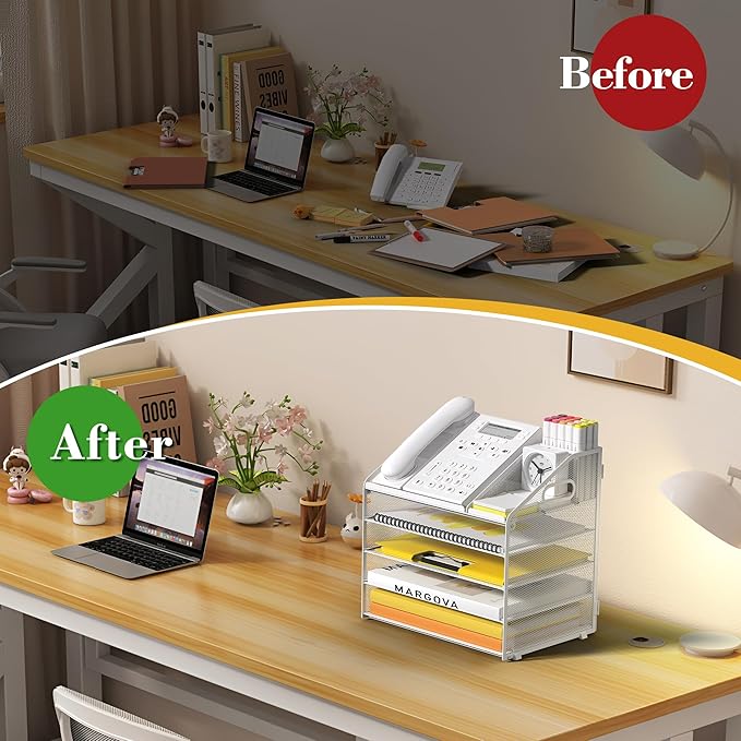 Letter Tray Paper, 5 Tier Desk Organizer with Pen Holder and Handle, Mesh File Organizer Paper Sorter Metal Desktop Document Shelf for Office Home Classroom - White