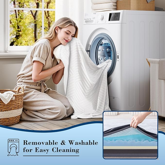 EnHomee Memory Foam Mattress Topper,4 Inch Queen Mattress Topper Pressure Relief with Cooling Gel and Removable & Washable Embossed Cover, CertiPUR-US & Oeko-TEX Certified, White, Queen