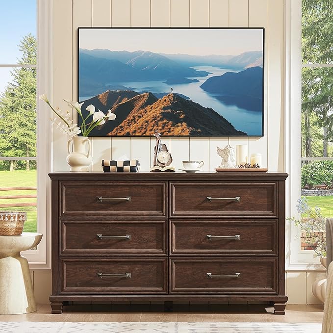 Farmhouse Wood 6 Drawer Dresser Set of 2, 54 inch Wide Large Vintage Chest of Drawers for Bedroom, Rustic Dressers TV Stand with Square Solid Wooden Legs for Living Room, Hallway, Walnut