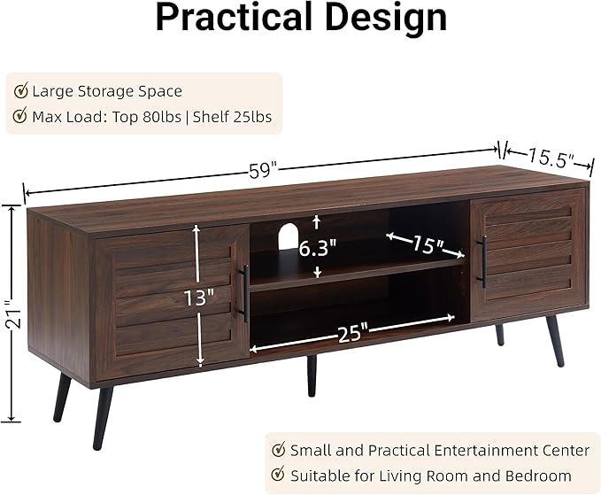 EDYO LIVING Mid Century Modern TV Stand for 65" TV, Wood TV Stand with Storage Cabinet and Open Shelf, Entertainment Center, TV Console Table for Living Room, Dark Walnut