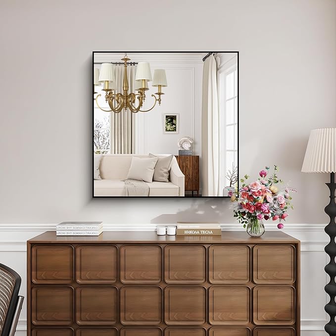 KOCUUY 36x36 Inch Large Black Wall Mounted Mirror,Aluminum Framed Decorative Rectangular Bathroom Mirror for Wall Over Sink,Vanity Mirror for Bedroom Living Room Bathroom,Functional Oversized Mirror