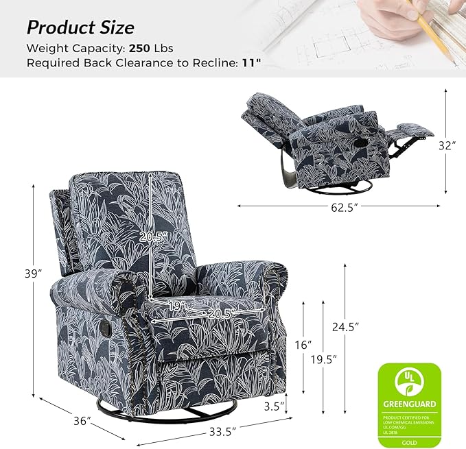 HULALA Home Rocker Recliner Set of 2, Modern Printed Fabric Swivel Glider with Adjustable Backrest & Footrest, Upholstered Manual Recliner Chair Home Theater Singe Sofa for Living Room Bedroom, Navy