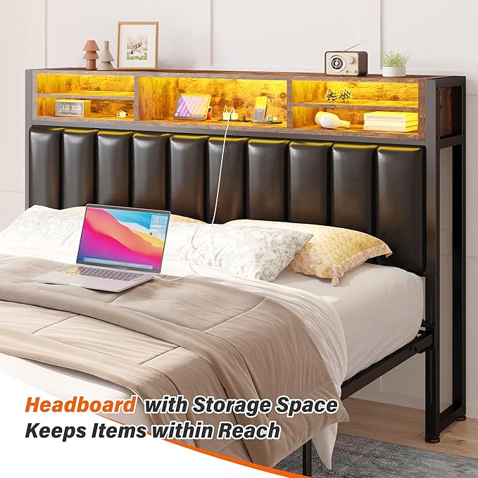 EnHomee Headboard Queen Size with Charging Port, Queen Headboard with LED Light, Headboard Only with Storage Shelf, Upholstered for Bedroom