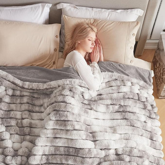 Faux Fur Throw Blanket for Couch, Cozy Warm Plush Striped Blanket for Sofa Bedroom Living Room, 50x60 Inches Taupe