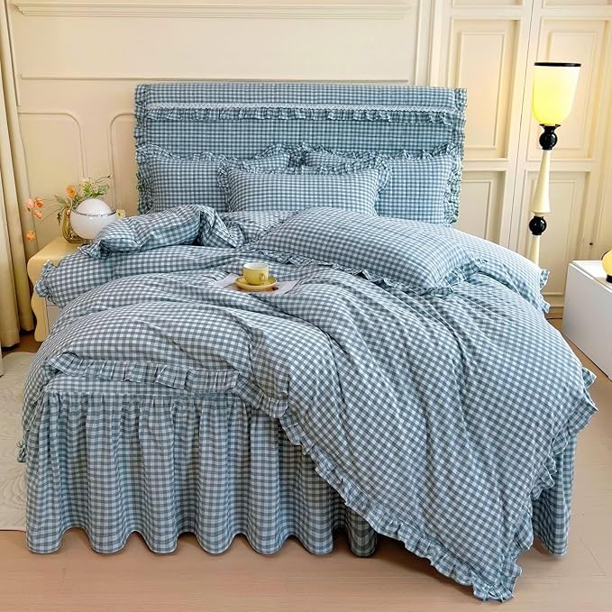 mixinni Vintage Blue Gingham Ruffle Comforter Set 3-Piece Washed Cotton Full Size Grid Bedding Set with Geometric Checkered Pattern, Farmhouse Chic Soft Fluffy Comforter for All-Season