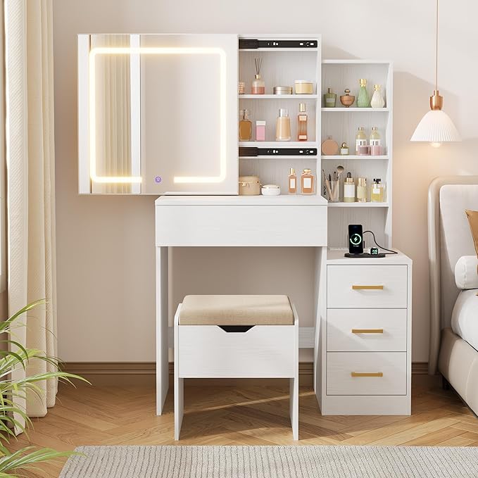 Senfot White Vanity Desk with Sliding Mirror and Lights, Modern Makeup Vanity Table with 4 Drawers and 7 Storage Shelves, Dressing Table with Stool and Charging Station, 3 Lighting Modes, for Bedroom