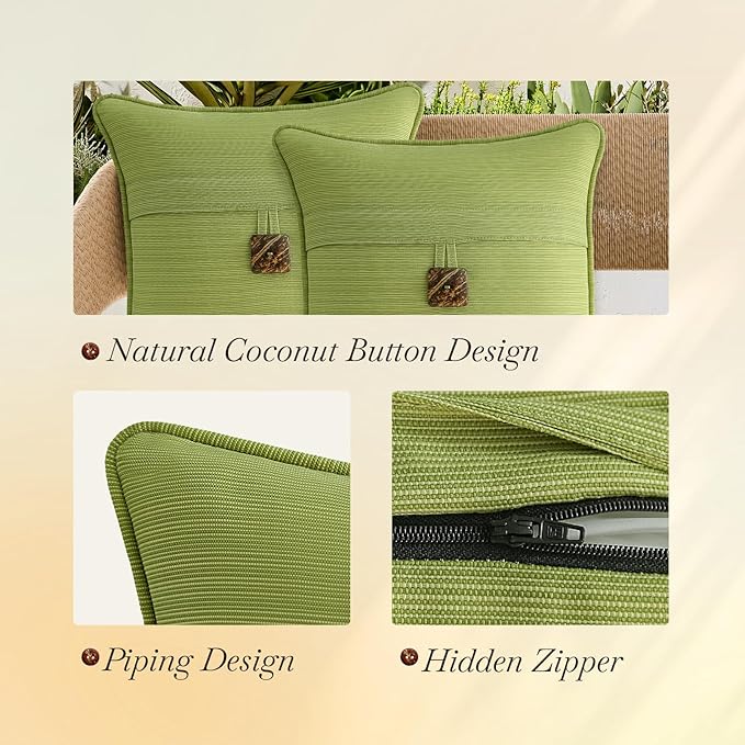 Outdoor DecorativePillows with Coconut Button Pack of 4, 18" x 18" Outdoor Pillow Set for Couch Bed Throw Patio Sofa, Chartreuse