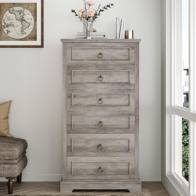 HOSTACK 6 Drawer Dresser for Bedroom, 52" Tall Dresser, Modern Farmhouse Vertical Chest of Drawers for Bedroom, Wooden Closet Chest, Wood Storage Cabinet for Living Room, Hallway, Entryway, Ash Grey