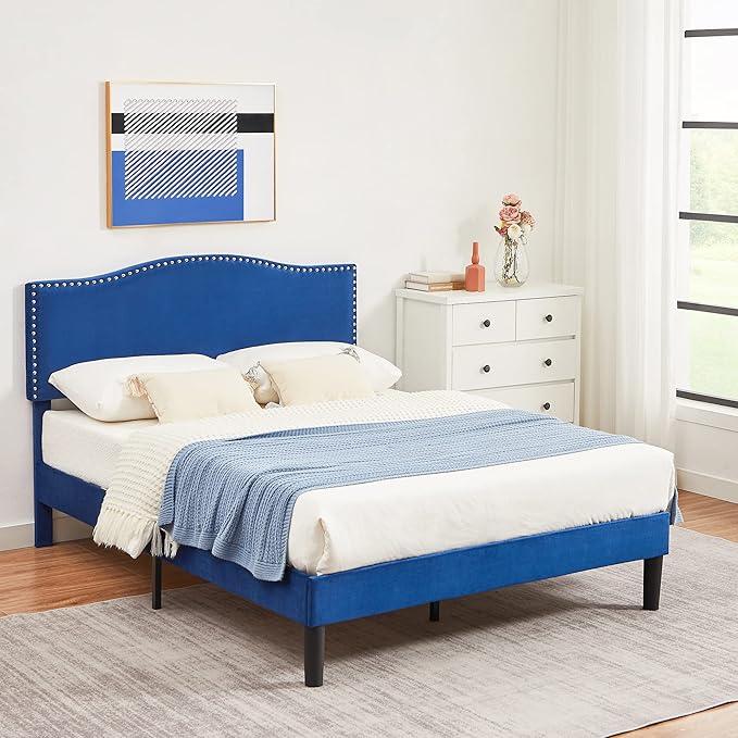 VECELO Queen Bed Frame, Platform Bed Frame with Adjustable Height Upholstered Headboard, Heavy-Duty Frame and Strong Wooden Slats Support, Non-Slip and Noise-Free, Easy Assembly, Dark Blue