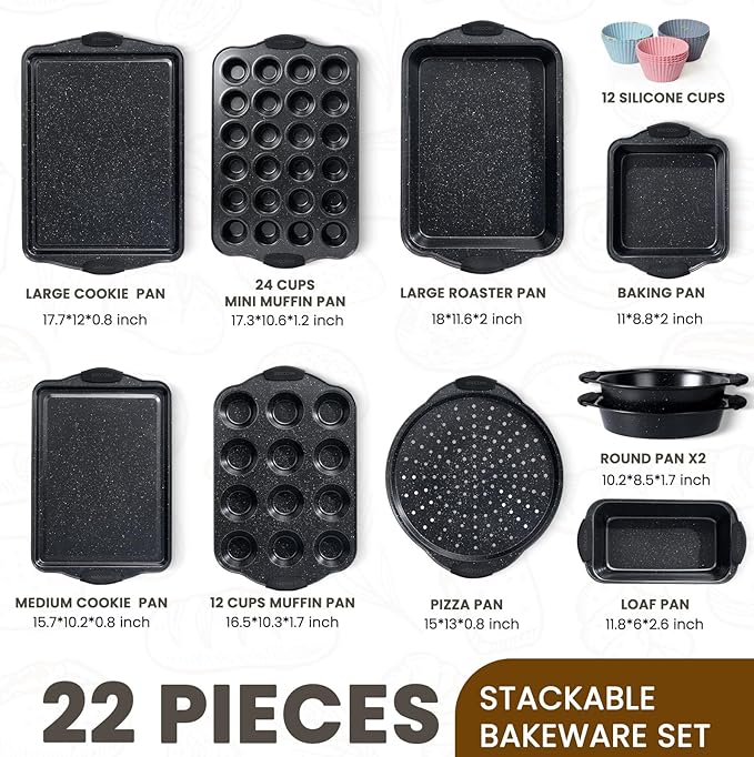 Kikcoin 22 PCS Nonstick Baking Pans Set, Stackable Bakeware Sets with Silicone Handles, 450°F Oven Safe Baking Sheet set, Easy Release Cookie Sheets for Baking, Black